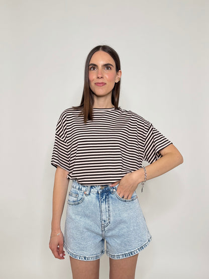 T-shirt a righe in jersey di viscosa Cioccolato/Panna