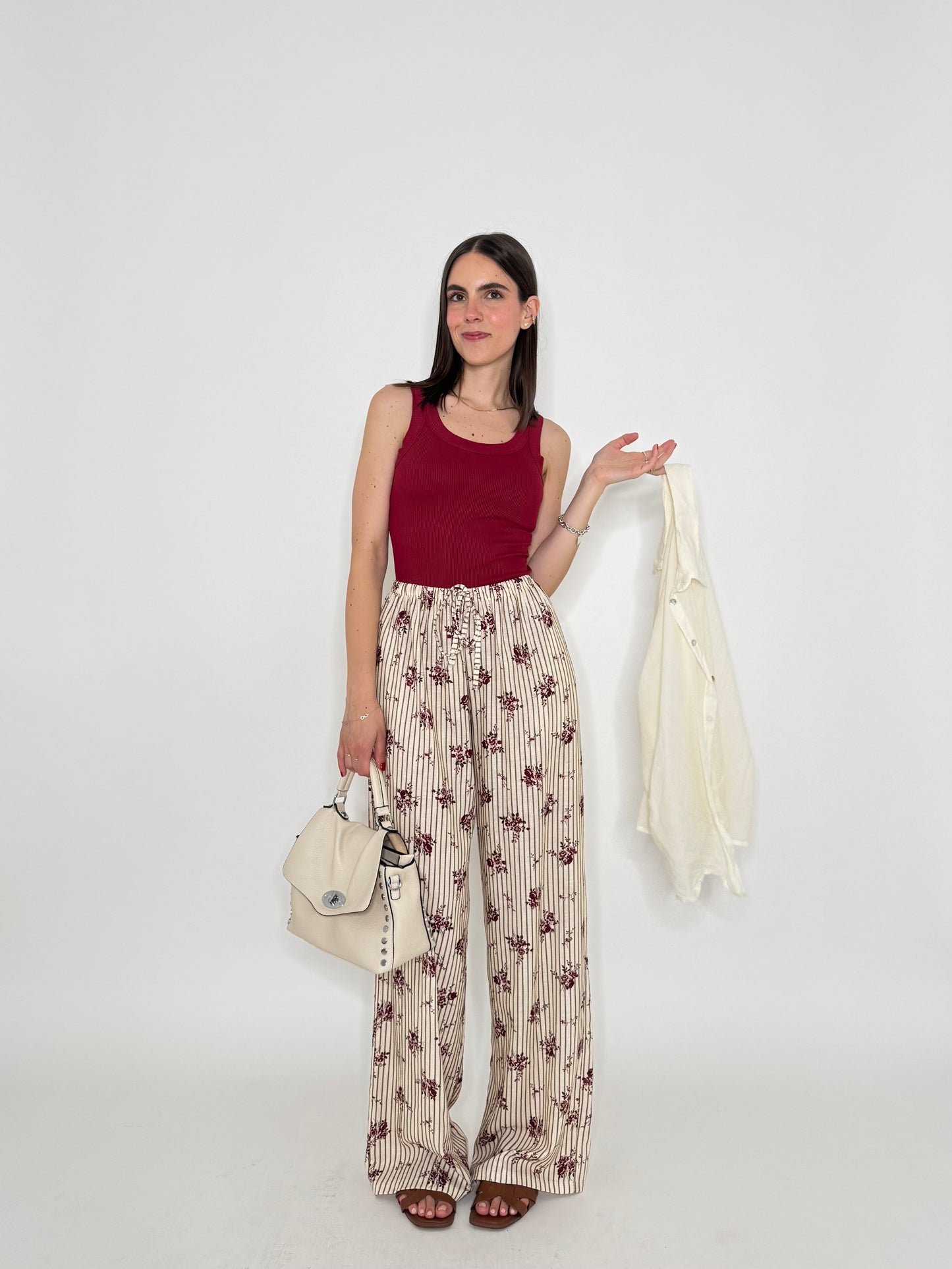 Pantalone in fantasia misto lino e viscosa panna