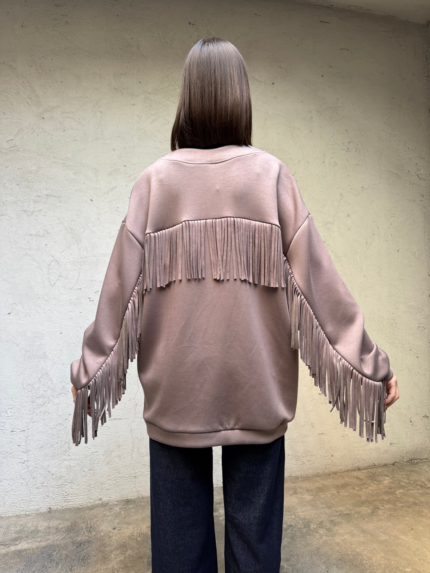 Cardigan frange tessuto felpa viscosa Tortora - Lumina