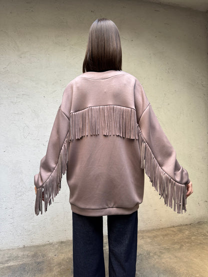 Cardigan frange tessuto felpa viscosa Tortora - Lumina