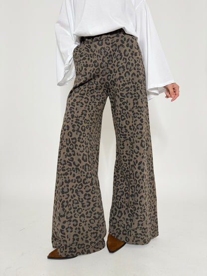 Pantalone palazzo leopardato in cotone