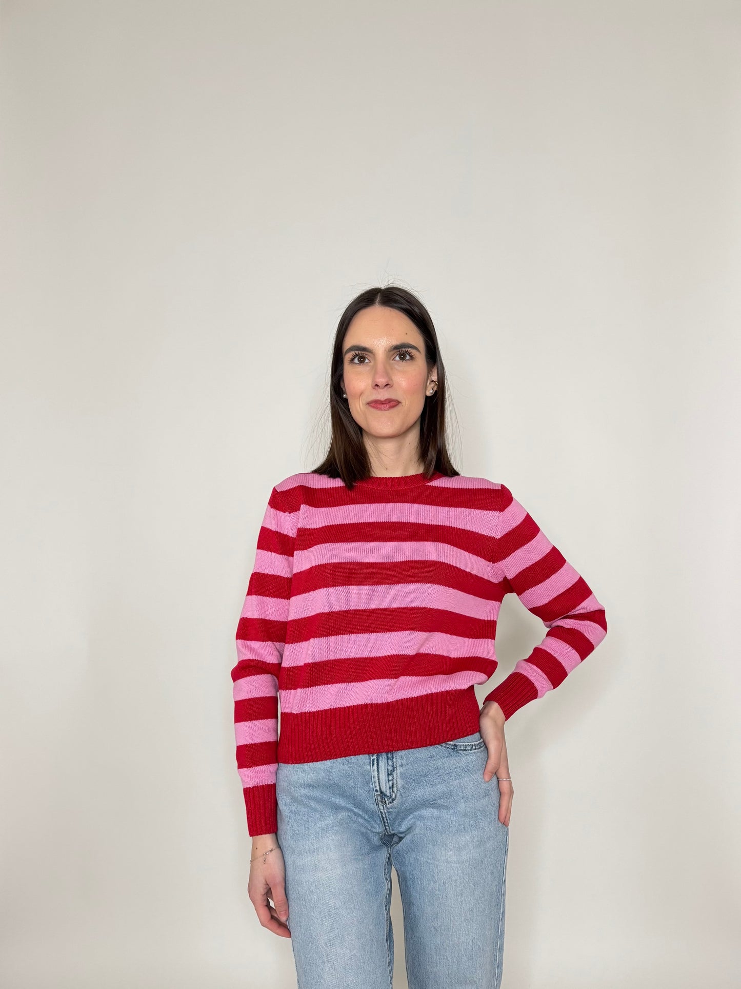 Maglia girocollo a righe in 100% cotone Fragola/Confetto