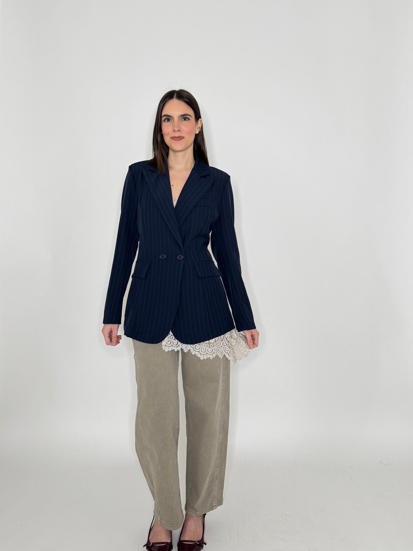 Giacca gessata doppiopetto intreccio Blu Navy
