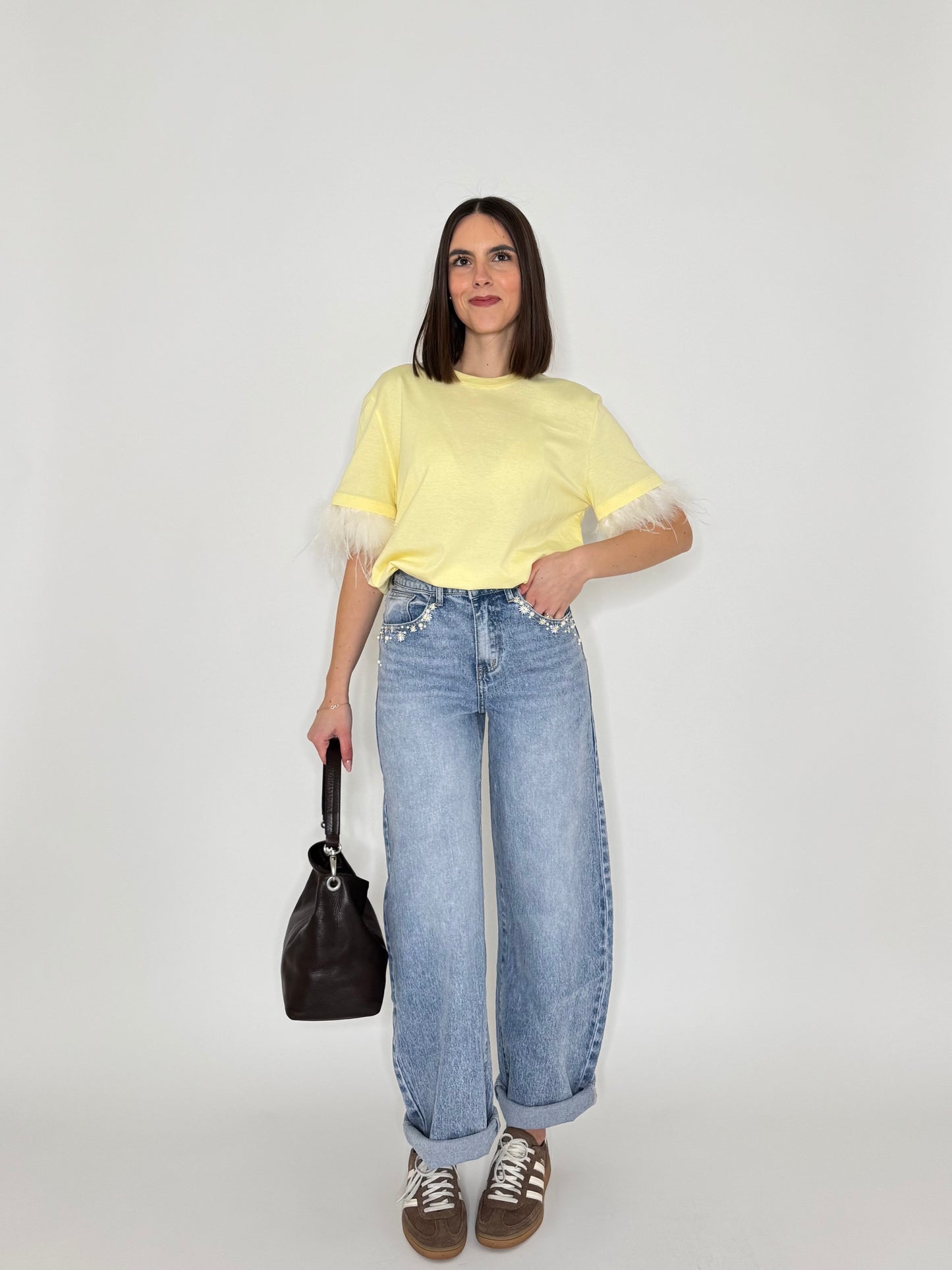 Jeans Ballon light denim ricami e caboshon