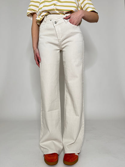 Jeans wide leg chiusura obliqua Cream