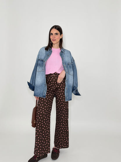 Jeans cinque tasche a pois modello wide leg Cioccolato/Rosa
