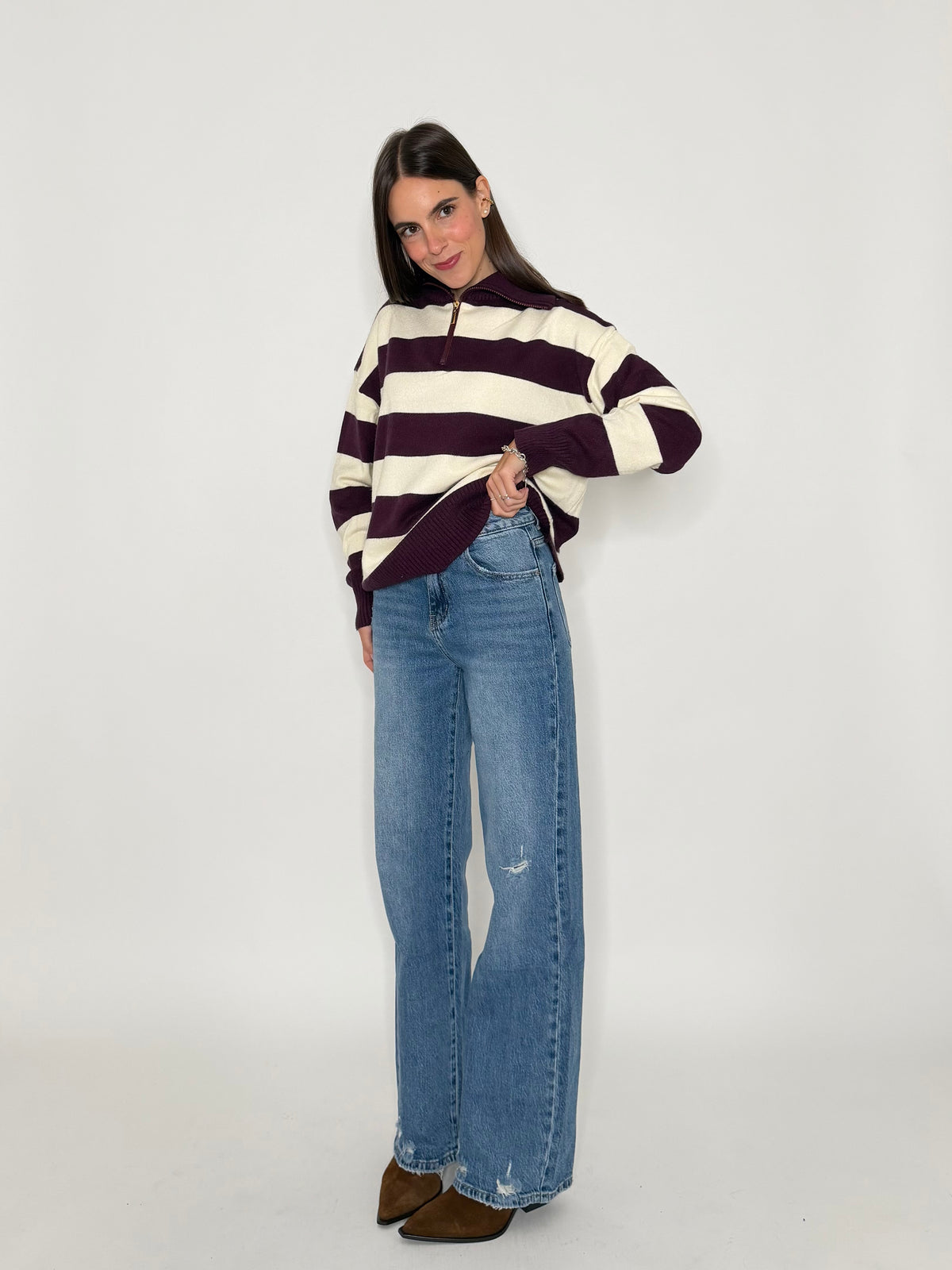 Maglione mezza zip collo alto a righe in morbida viscosa burgundy/panna