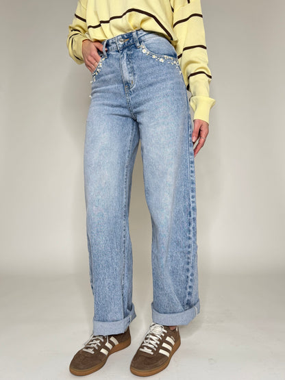 Jeans Ballon light denim ricami e caboshon