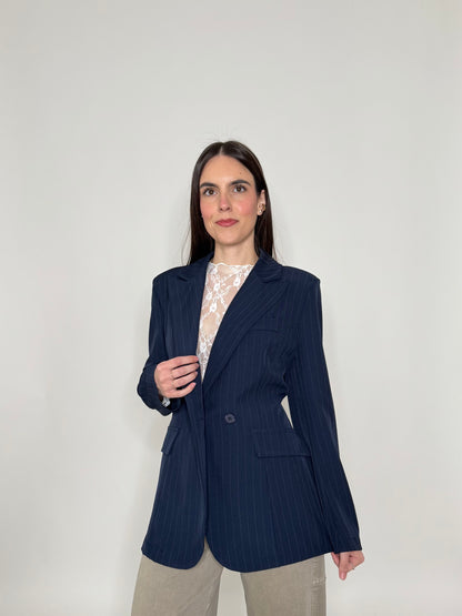 Giacca gessata doppiopetto intreccio Blu Navy