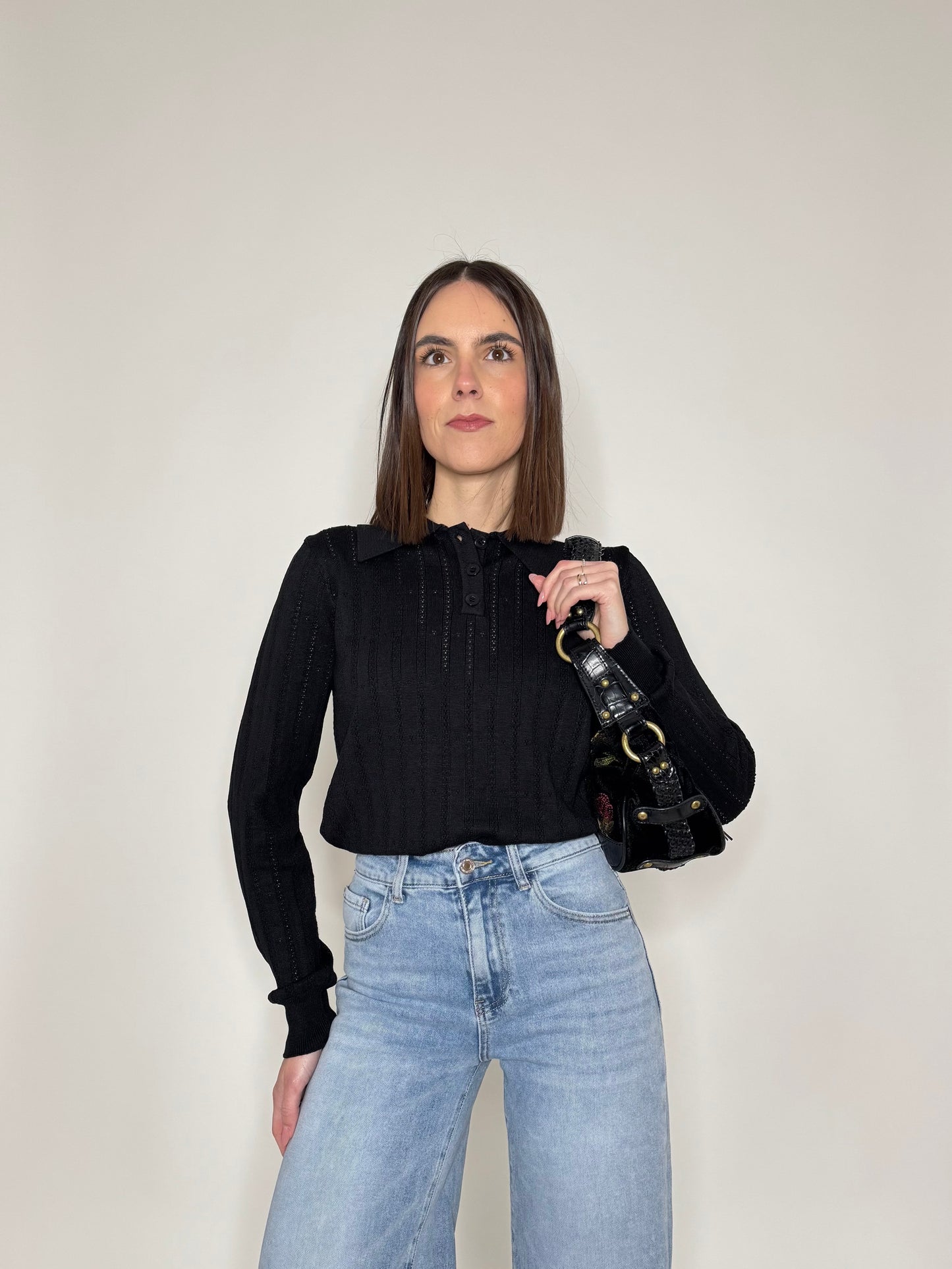 Maglia polo in viscosa con cuoricini Nero