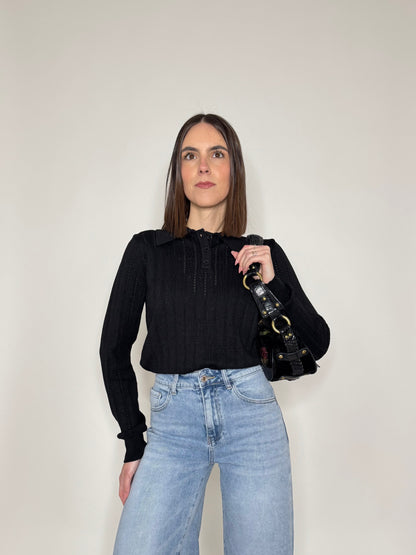 Maglia polo in viscosa con cuoricini Nero