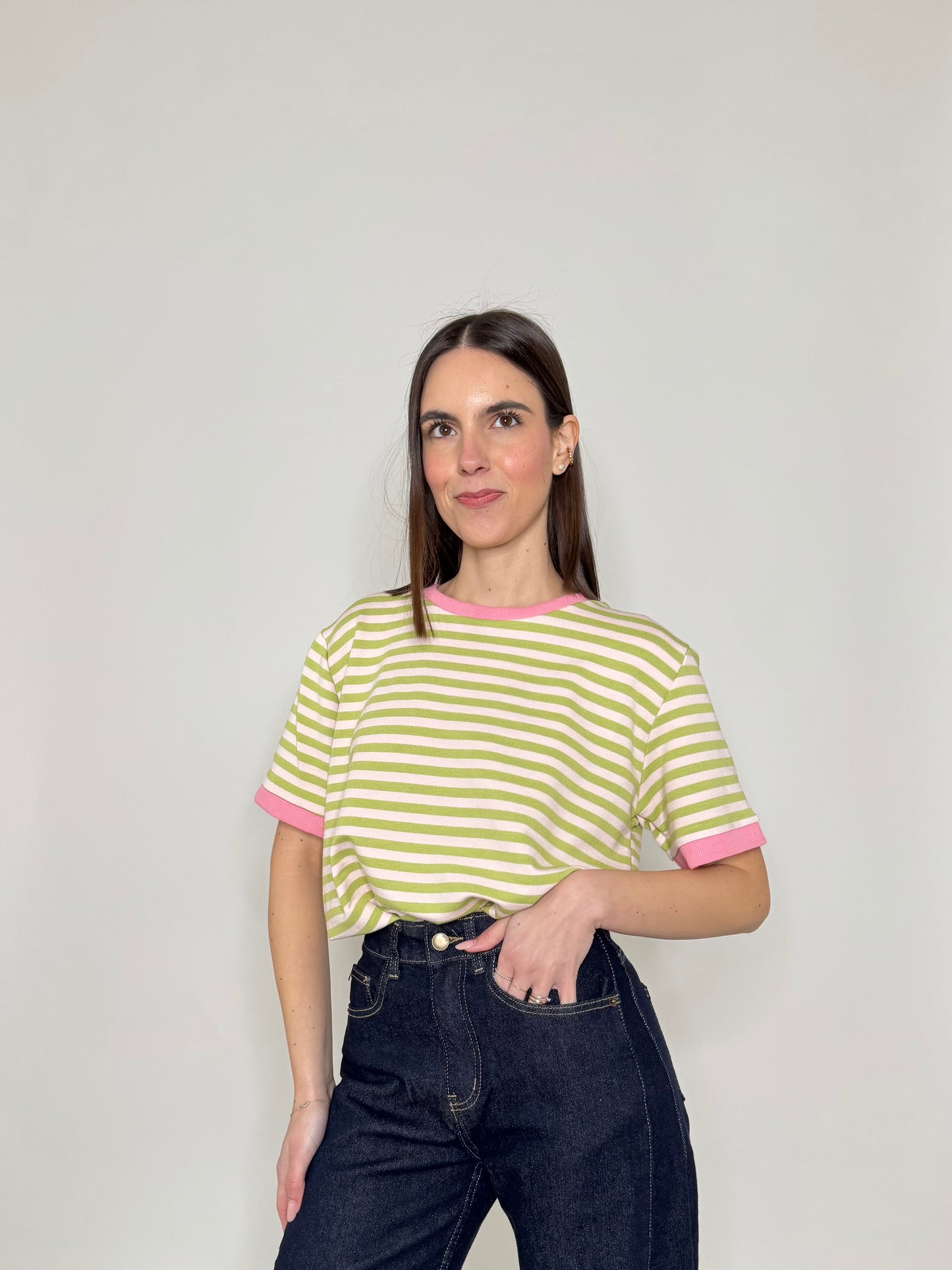 T-shirt a righe in cotone con contrasti Rosa/Verde