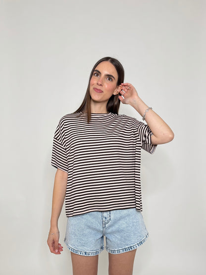 T-shirt a righe in jersey di viscosa Cioccolato/Panna
