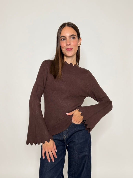 Maglia in morbida viscosa zigzag con manica a campana cioccolato