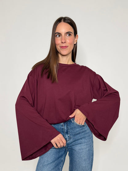 Maglia in cotone con manica a ampia bordeux