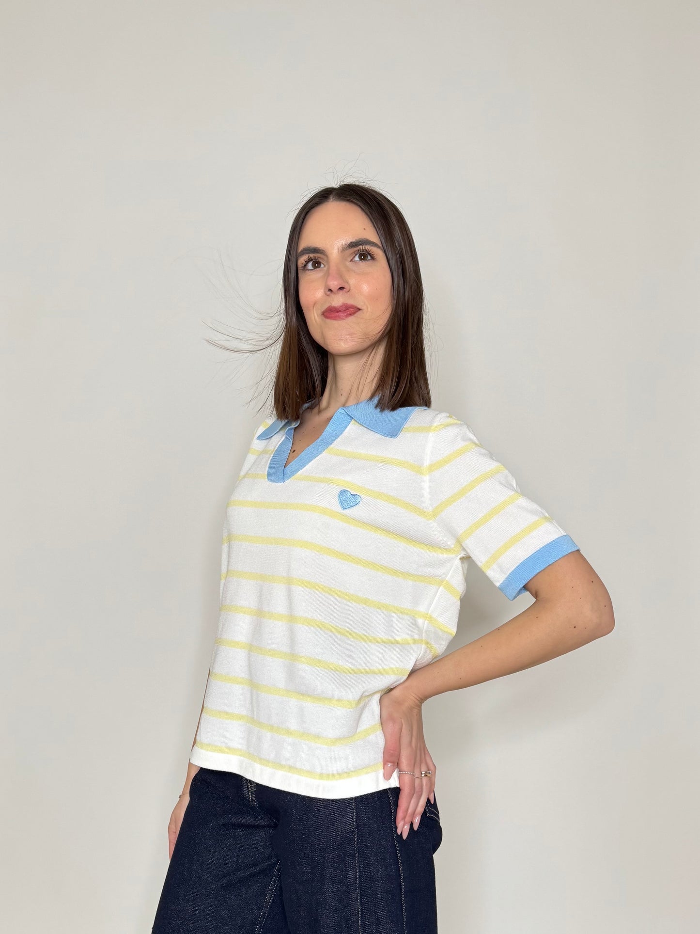 Polo maniche corte in filo di viscosa a righe bianco e giallo