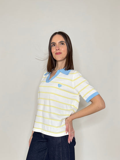Polo maniche corte in filo di viscosa a righe bianco e giallo