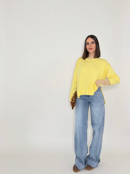 Maglia girocollo scatoletta in 100% cotone Giallo