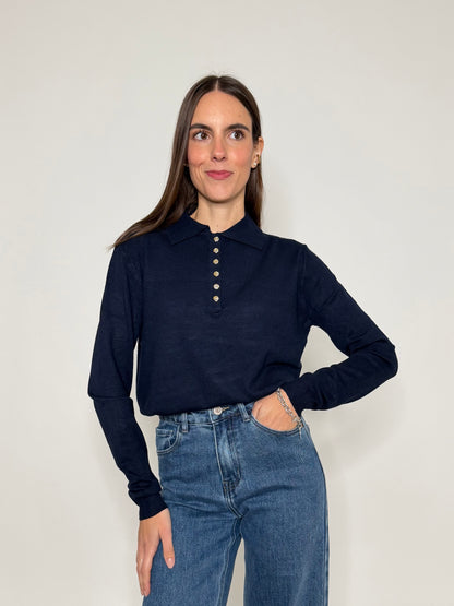 Polo in morbida viscosa con bottoncini gold blu