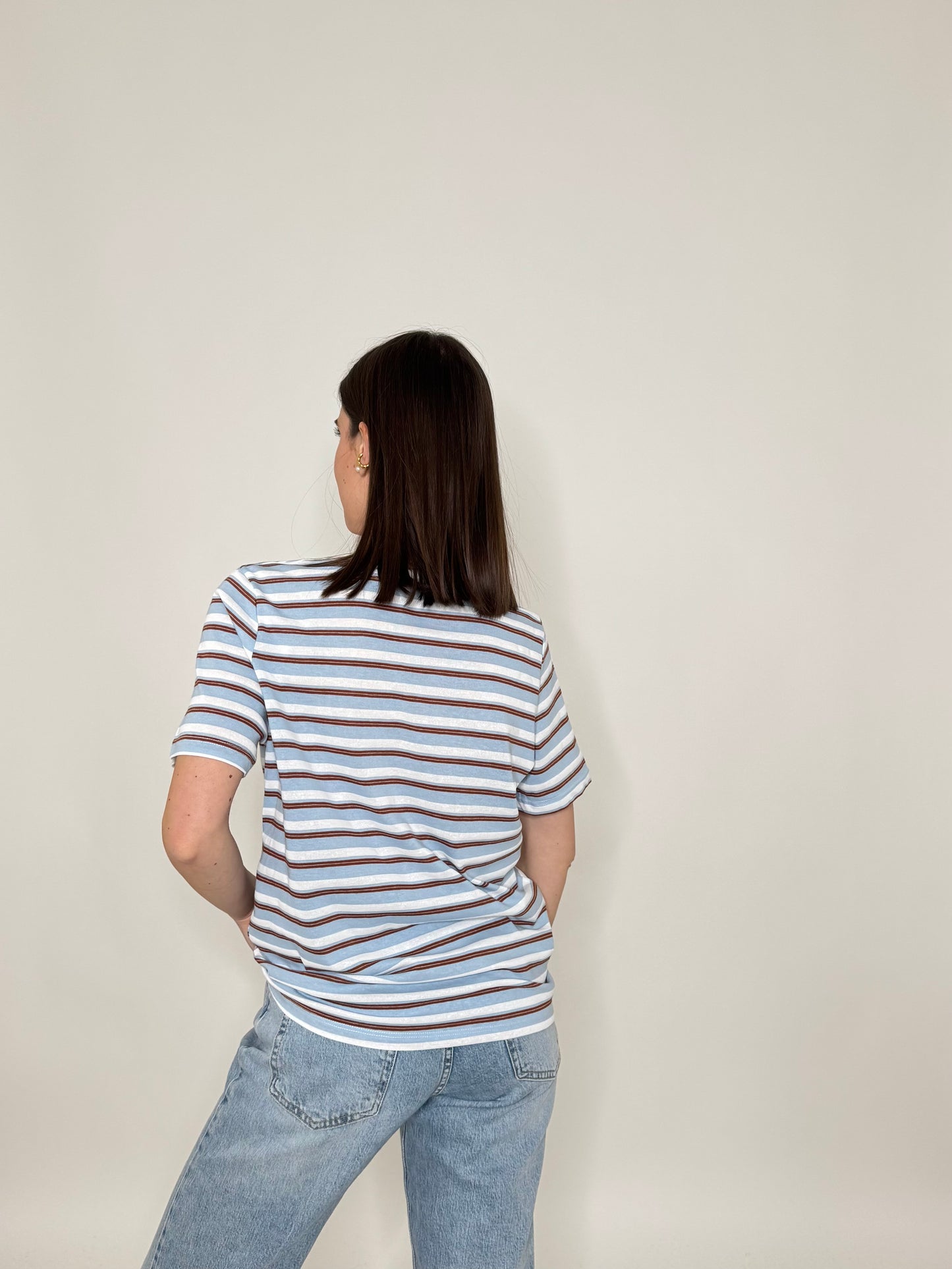 T-shirt righe light cotton con cuore Celeste