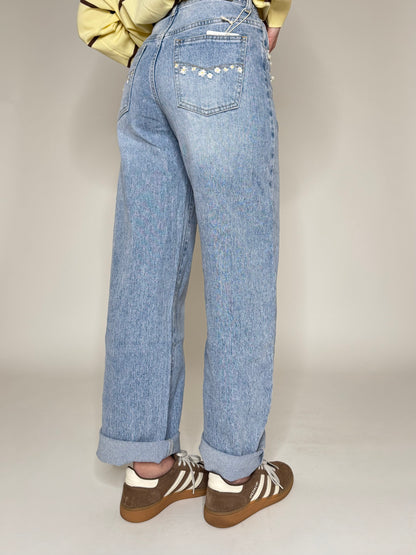 Jeans Ballon light denim ricami e caboshon