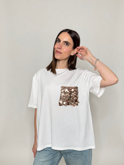 T- shirt in cotone con taschino paillette applicato Bronzo