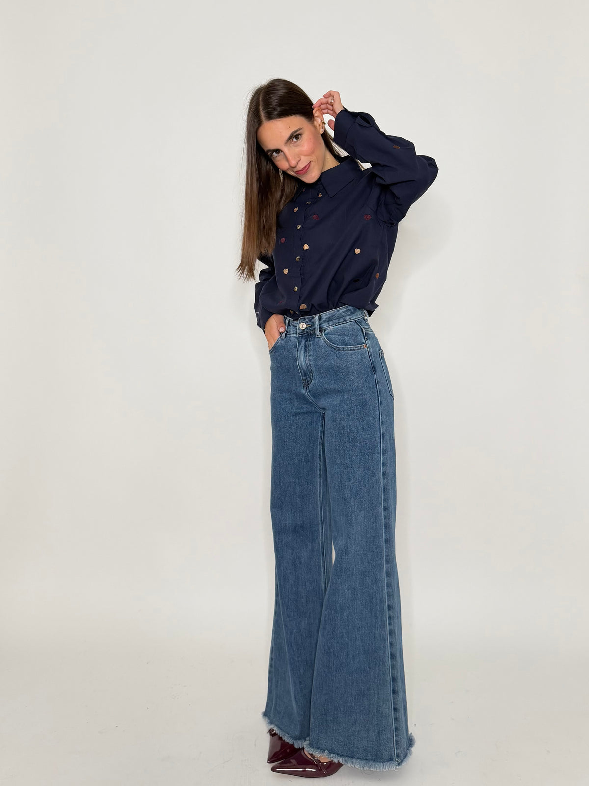 Jeans Wide Leg vita alta sfrangiato in Denim Blu