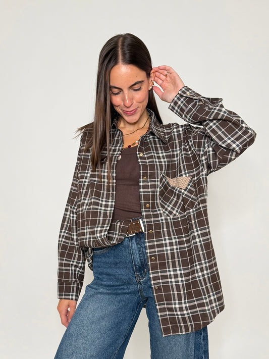 Camicia check in cotone con taschino cioccolato