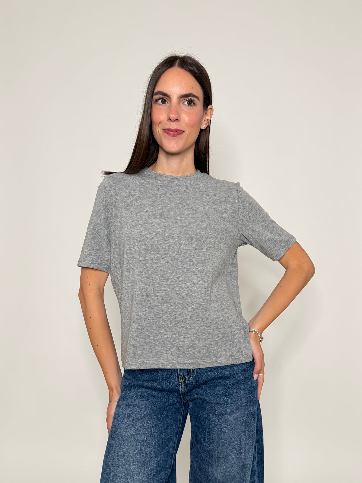 Maglia girocollo basic in viscosa e cotone grigio