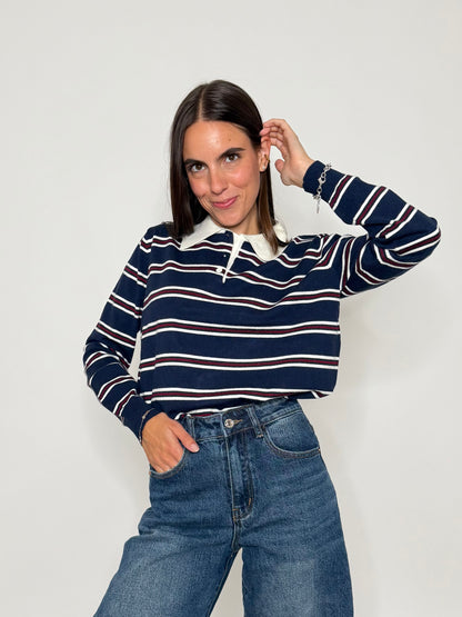 Polo a righe in viscosa blu navy/panna