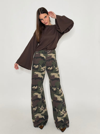 Pantalone palazzo camouflage chiaro in cotone