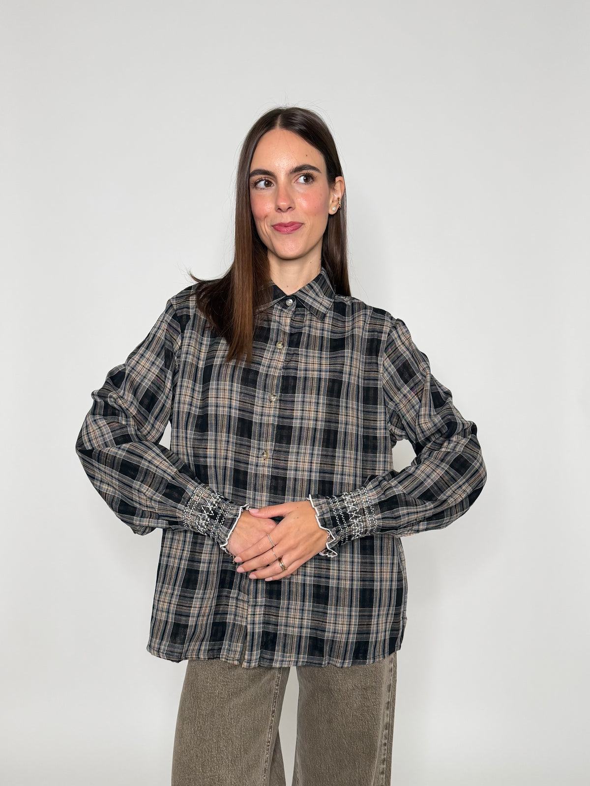 Camicia check con stampa vichy interna e polsino ricamato in cotone