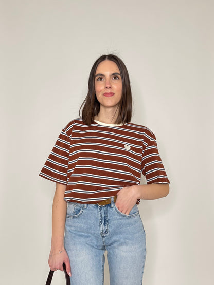 T-shirt millerighe con ricamo in cotone - Cioccolato