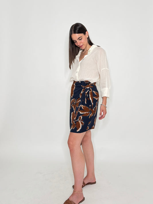 Gonna pareo mini in fresca viscosa floreale blu/moka