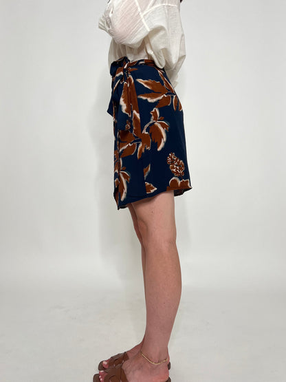 Gonna pareo mini in fresca viscosa floreale blu/moka