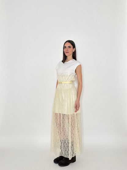 Abito lungo pizzo in cotone Crema/Bianco