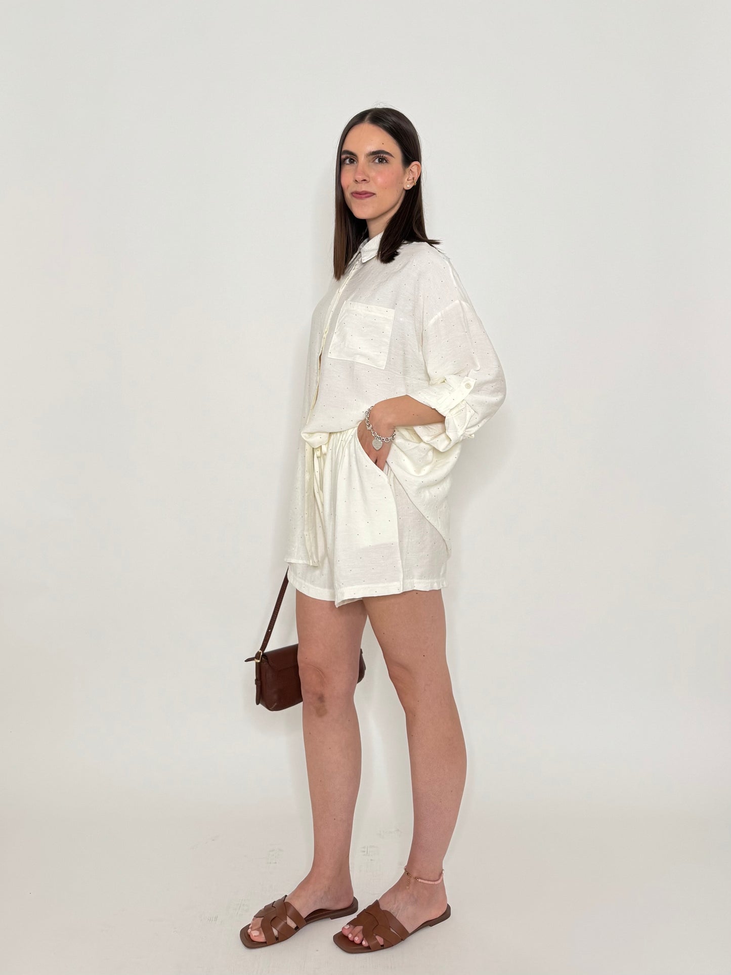 Completo in fresca viscosa micro Strass Panna