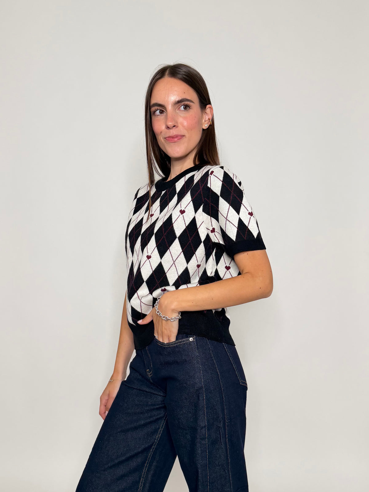 Maglia in viscosa a rombi nero/bianco