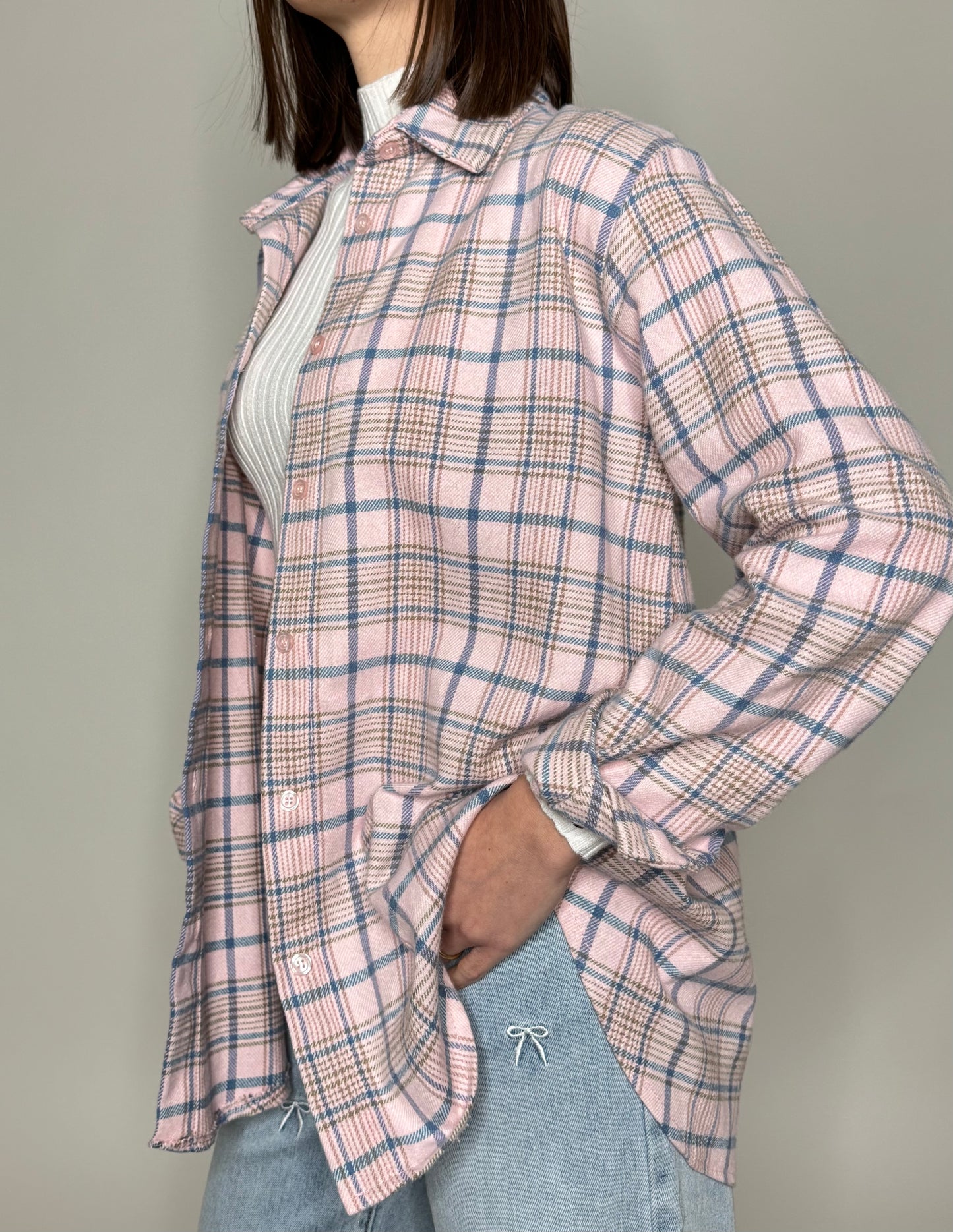 Camicia check in flanella di cotone rosa baby