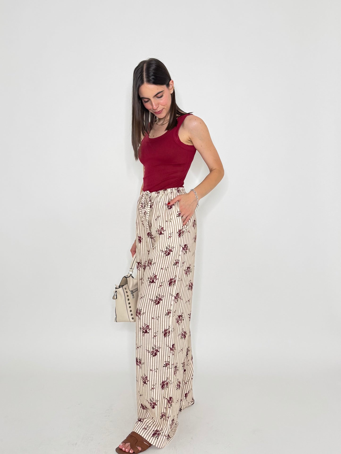 Pantalone in fantasia misto lino e viscosa panna