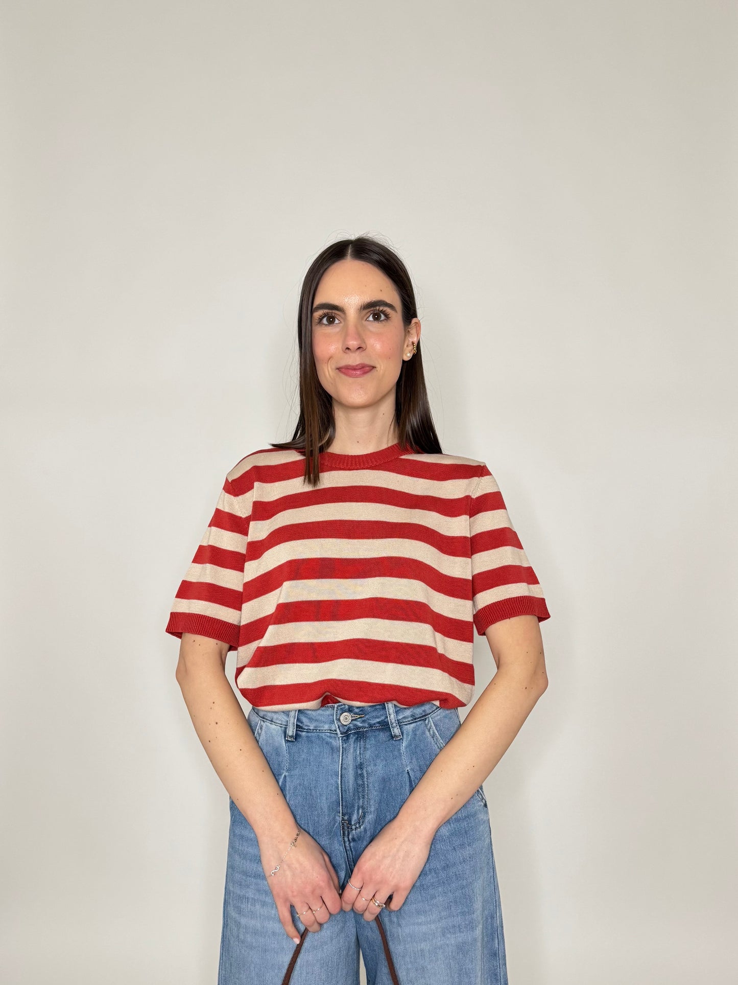 Maglia girocollo a righe manica corta in 100% cotone Mattone/Beige