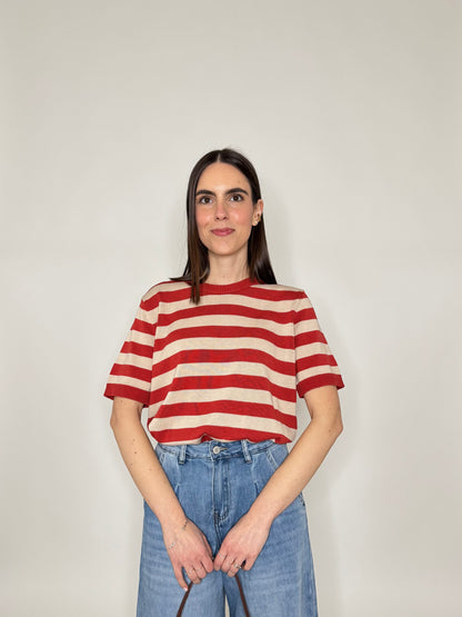 Maglia girocollo a righe manica corta in 100% cotone Mattone/Beige