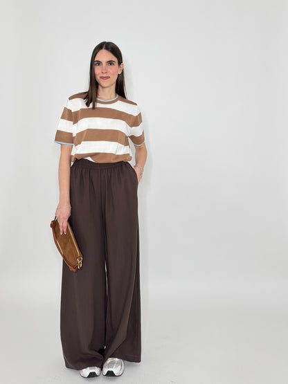 Maglia girocollo a righe manica corta in 100% cotone Panna/Camel/Celeste