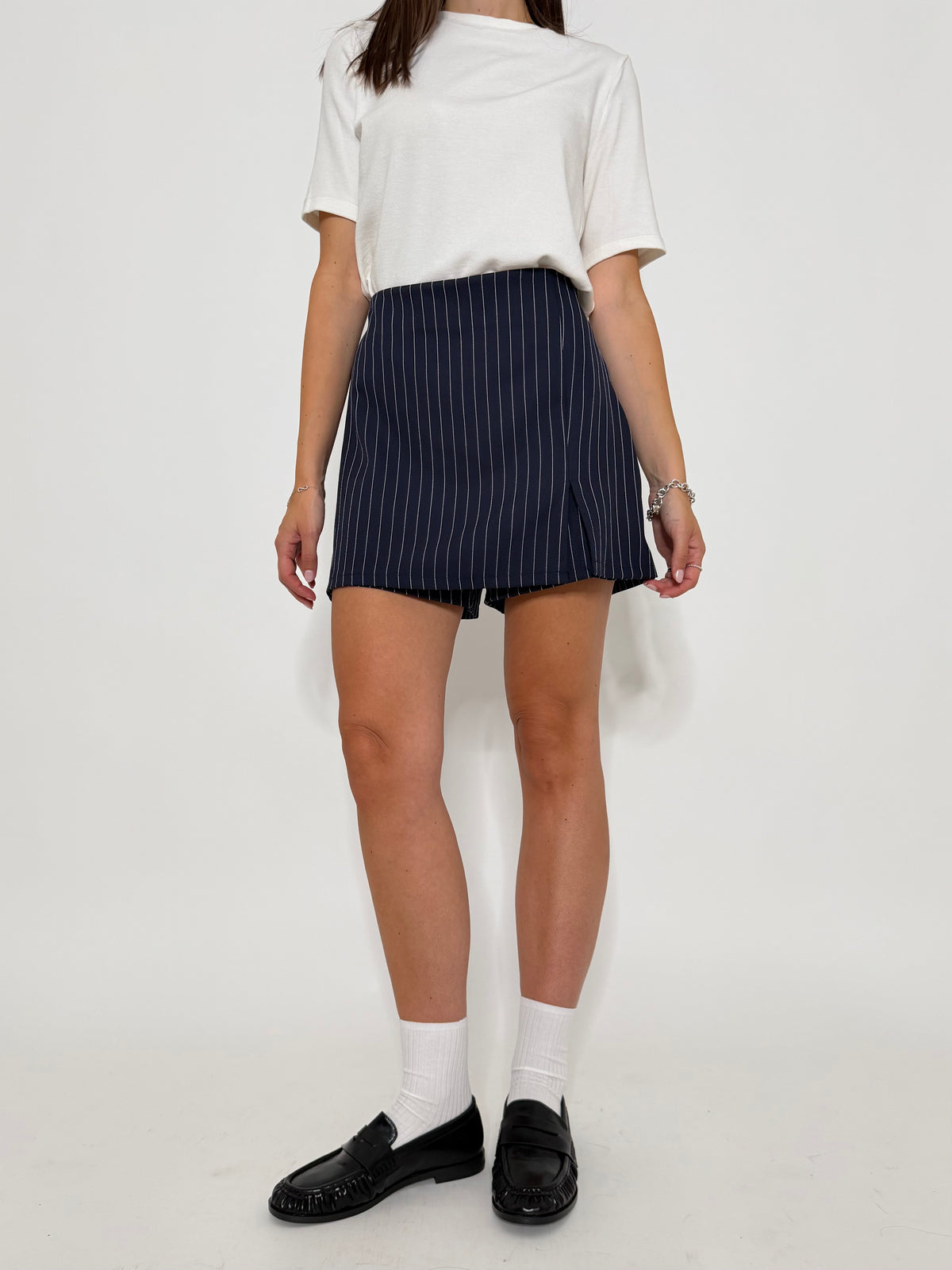 Gonna pantalone gessata blu