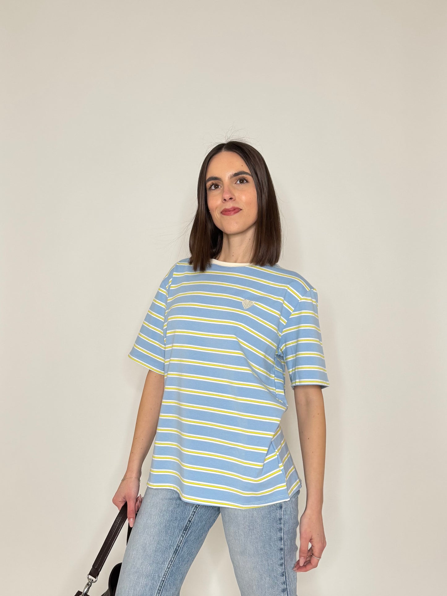 T-shirt millerighe con ricamo in cotone - Celeste