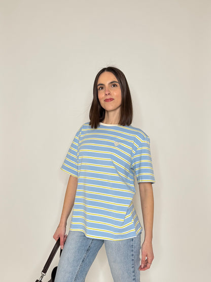 T-shirt millerighe con ricamo in cotone - Celeste