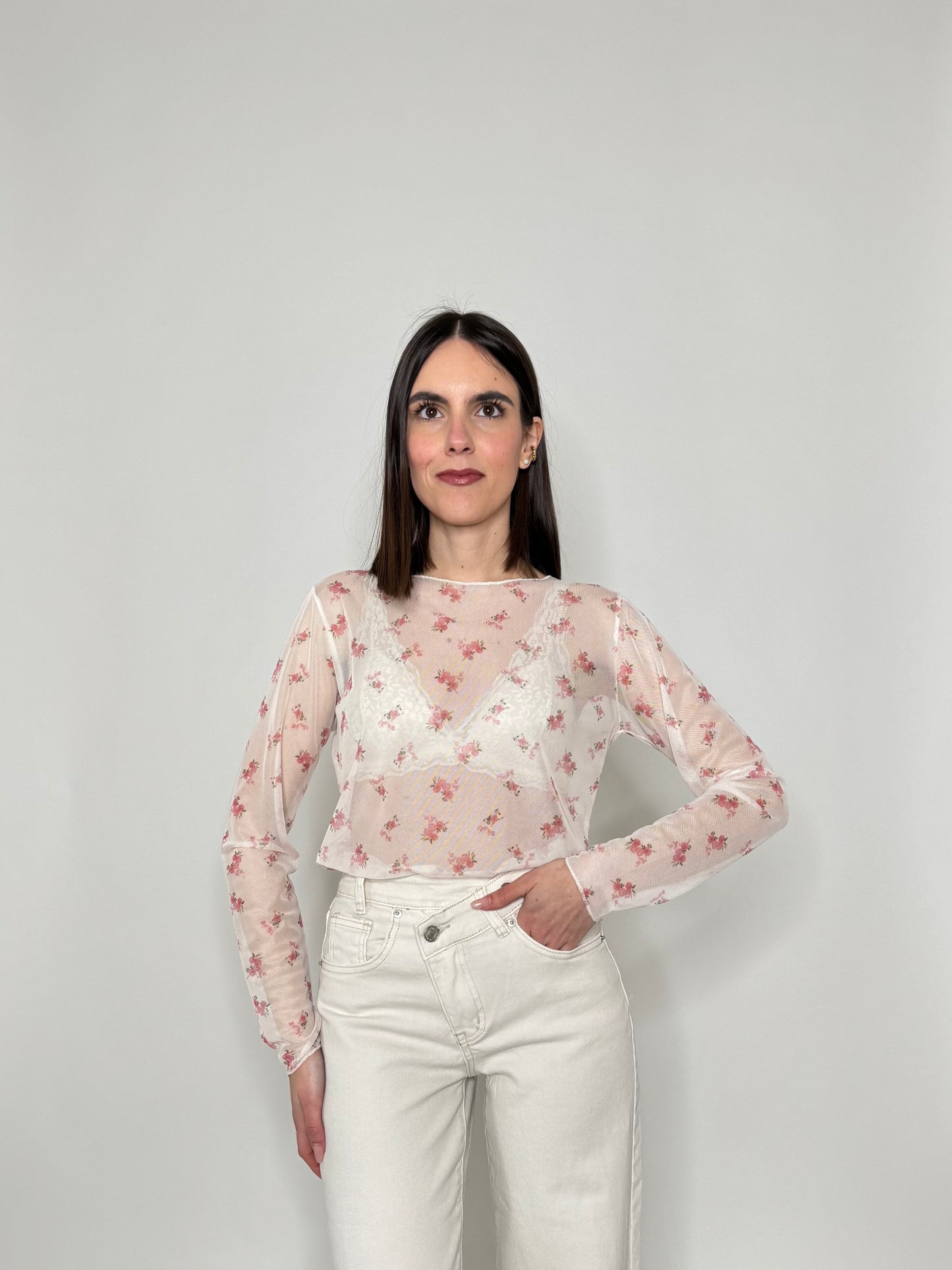 Maglia in tulle con micro fiori Panna