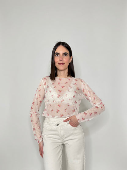 Maglia in tulle con micro fiori Panna