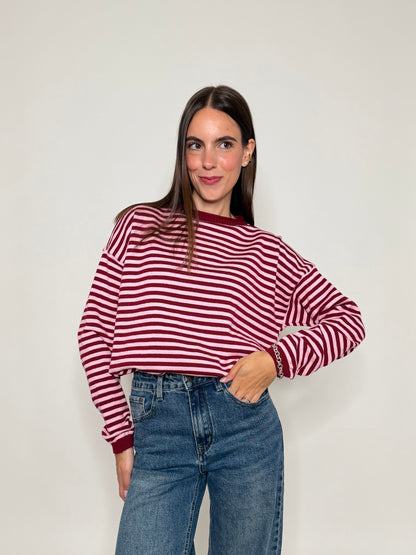 Maglia mille righe fit in morbida viscosa manica lunga rosa india