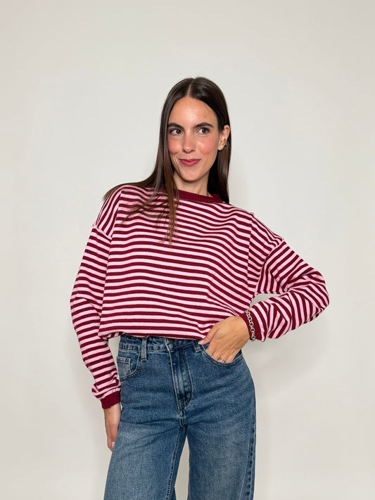 Maglia mille righe fit in morbida viscosa manica lunga rosa india